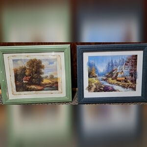 Set of Two Framed Brightly Colored Rustic Landscape Pictures